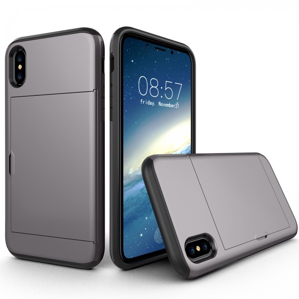 iPhone XR 6.1 inches Case,Slidable Hiddren Cards Slot Holder Anti-scratch Shockproof Bumper Protection Dual Layers Back Cove