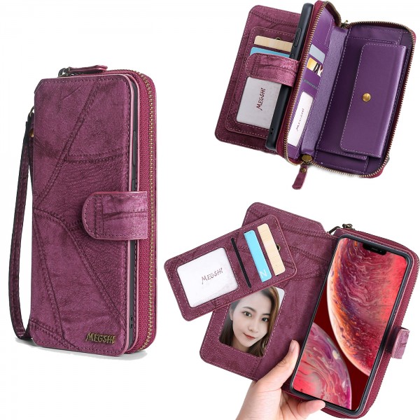 iPhone 12 Mini  (5.4 inches) 2020 Release Case, Zipper Multi-function 2 in 1 PU Leather Zipper Detachable Card Slots Metal Magnetic Wallet Handle Strap Cover