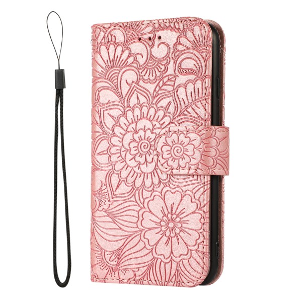 Luxury Embossed 3D Flower Pattern PU Leather Magnetic Closure Hand Strap Precise Cutouts Folio iPhone 13 Case Cover
