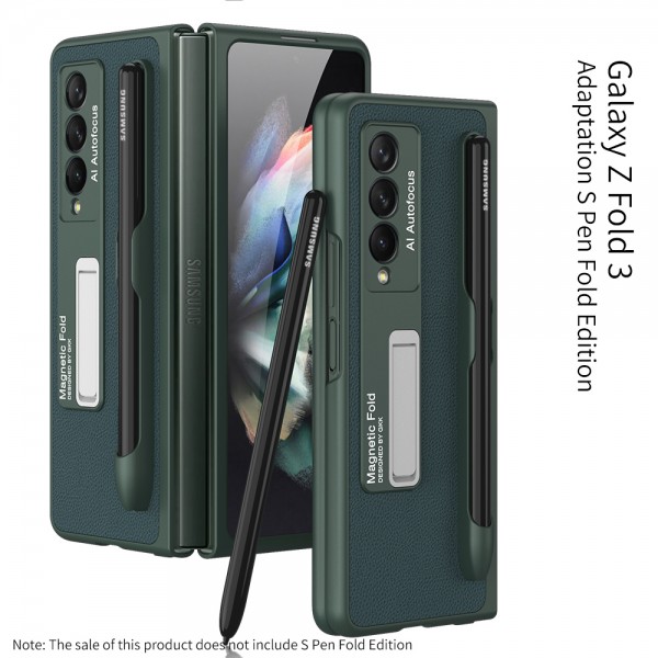 For Samsung Galaxy Z Fold3 Solid Color Leather Metal Bracket Pen Slot Phone Case