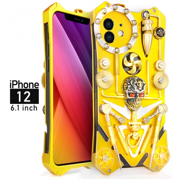 iPhone 12 (6.1 inches) 2020 Release Case,ZIMON Metal Heavy Duty Linkage/Arm/Gear Roating Cool Skull Toy Cover