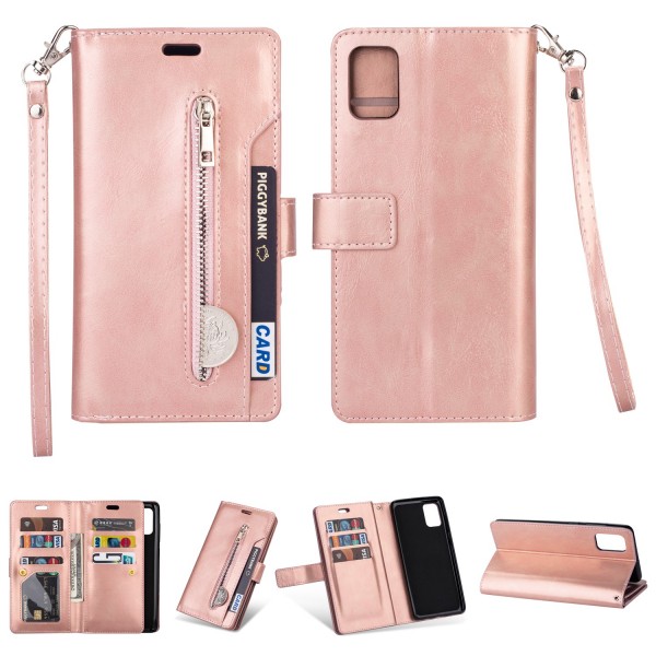 Samsung Galaxy A51 4G 6.5 inches Case, 9 Cards Holder Folio Flip Leather Zipper Purse Magnetic Wallet with Strap, Money Pocket Kickstand Full Protective Cover