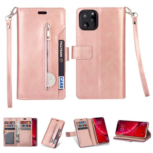 iPhone11 Pro 5.8 Inches 2019 Case, 9 Cards Holder Folio Flip Leather Zipper Purse Magnetic Wallet with Strap, Money Pocket Kickstand Full Protective Cover
