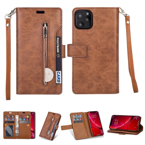 iPhone 11 Pro Max (6.5 inches) , 9 Cards Holder Folio Flip Leather Zipper Purse Magnetic Wallet with Strap, Money Pocket Kickstand Full Protective Cover