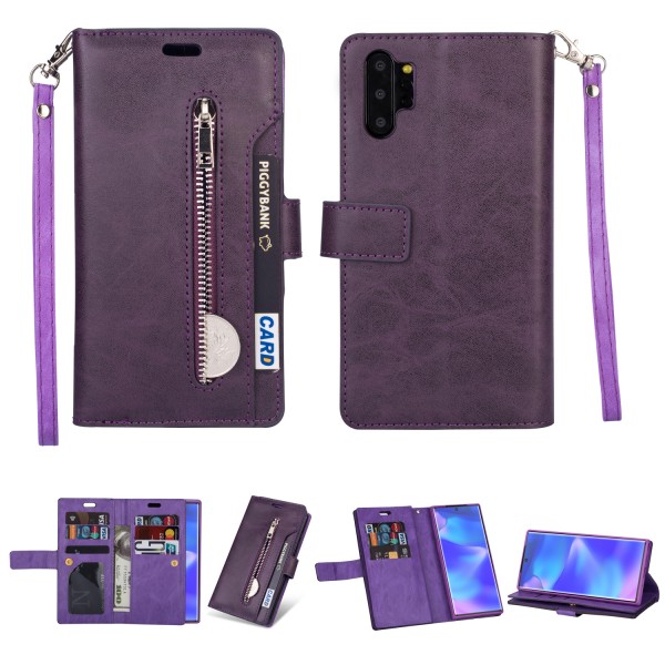 For Samsung Galaxy Note10 Plus & Note10 Plus 5G Case, 9 Cards Holder Folio Flip Leather Zipper Purse Magnetic Wallet with Strap, Money Pocket Kickstand Full Protective Cover