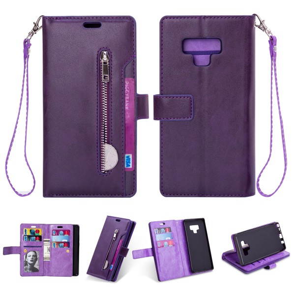 Samsung Galaxy Note 9 Case, 9 Cards Holder Folio Flip Leather Zipper Purse Magnetic Wallet with Strap, Money Pocket Kickstand Full Protective Cover