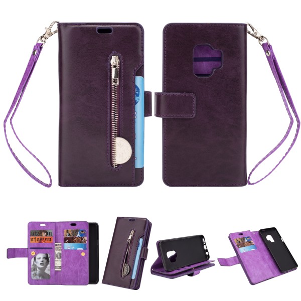 Samsung Galaxy S9 Plus, 9 Cards Holder Folio Flip Leather Zipper Purse Magnetic Wallet with Strap, Money Pocket Kickstand Full Protective Cover