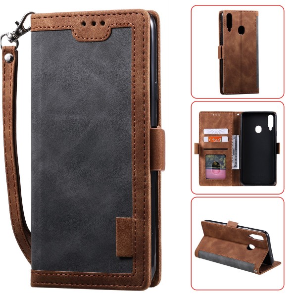 Samsung Galaxy A20S Case,Retro PU Leather Flip with Cards Slots Folding Stand Full Protection Hand Wrist Strap Cover