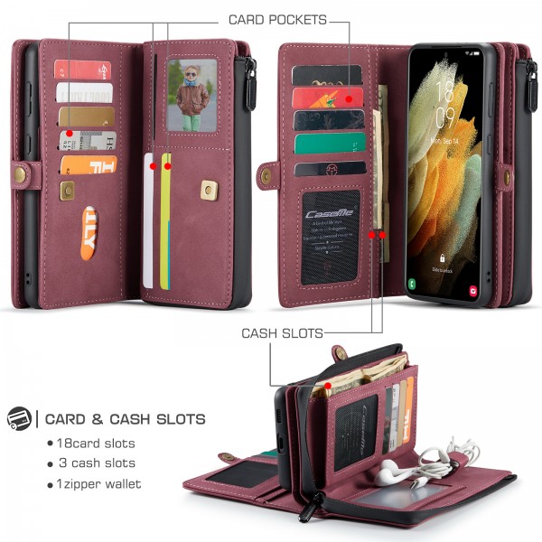 Samsung Galaxy S21 6.2 inches Case,Matte Multi-function Zipper Leather Wallet Case Detachable Magnetic Flip Kickstand Cover
