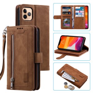 Leather Flip Zipper Purse Wallet Case Cover Built-in 9 Card Slots , For IPhone 12 Mini