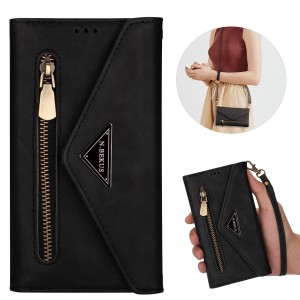 Samsung Galaxy A70E Case,Retro Magnetic Leather Crossbag Card Holder Wallet Zipper Pocket Flip Kickstand with Wrist Strap / Shoulder Strap Phone Cover, For Samsung A70e