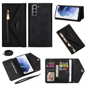 Samsung Galaxy S21 Plus 6.7 inches Case,Retro Magnetic Leather Crossbag Card Holder Wallet Zipper Pocket Flip Kickstand with Wrist Strap / Shoulder Strap Phone Cover, For Samsung S21 Plus