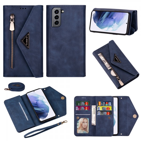 Samsung Galaxy S21 Plus 6.7 inches Case,Retro Magnetic Leather Crossbag Card Holder Wallet Zipper Pocket Flip Kickstand with Wrist Strap / Shoulder Strap Phone Cover