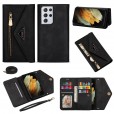 Samsung Galaxy S21 Ultra 6.8 inches Case,Retro Magnetic Leather Crossbag Card Holder Wallet Zipper Pocket Flip Kickstand with Wrist Strap / Shoulder Strap Phone Cover