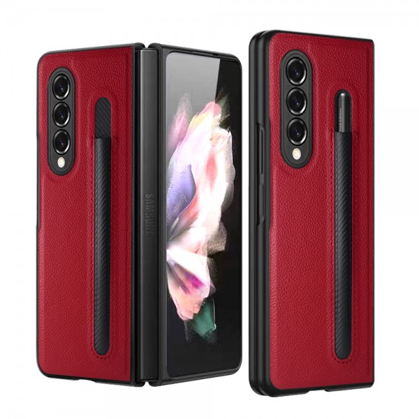 Galaxy Z Fold 3 Wallet Business Case PU Lichi Leather Flip Magnetic Protection Phone Cover with S Pen Holder