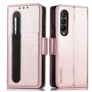 For Samsung Galaxy Z Fold 3 5G Cover 2021, Premium PU Leather + PC Frame Shockproof Anti-Drop Fold Kickstand Wallet Card Holder Case with Pen Holder, For Samsung ZFold3