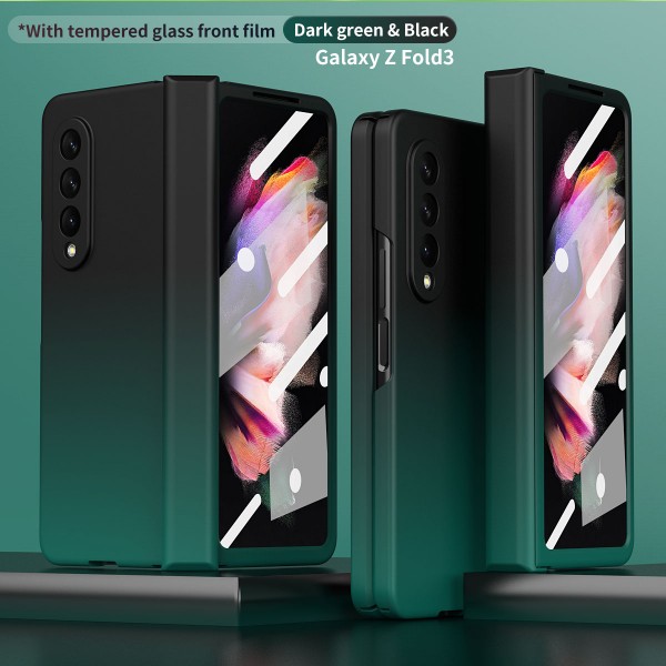Gradient Colorful Case for Samsung Galaxy Z Fold 4 5G 2022, Hinge Heavy Duty Protection Hard PC Cover with Screen Protector for Galaxy Z Fold4 2022, Black + Darkgreen